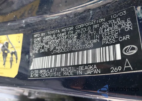 2004 Lexus Es 330 z USA, uszkodzony, nr VIN JTHBA30G140007368